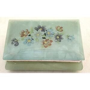 Trinket/Jewelry Box-Alabaster-Green-Flowers-Hinged Edge